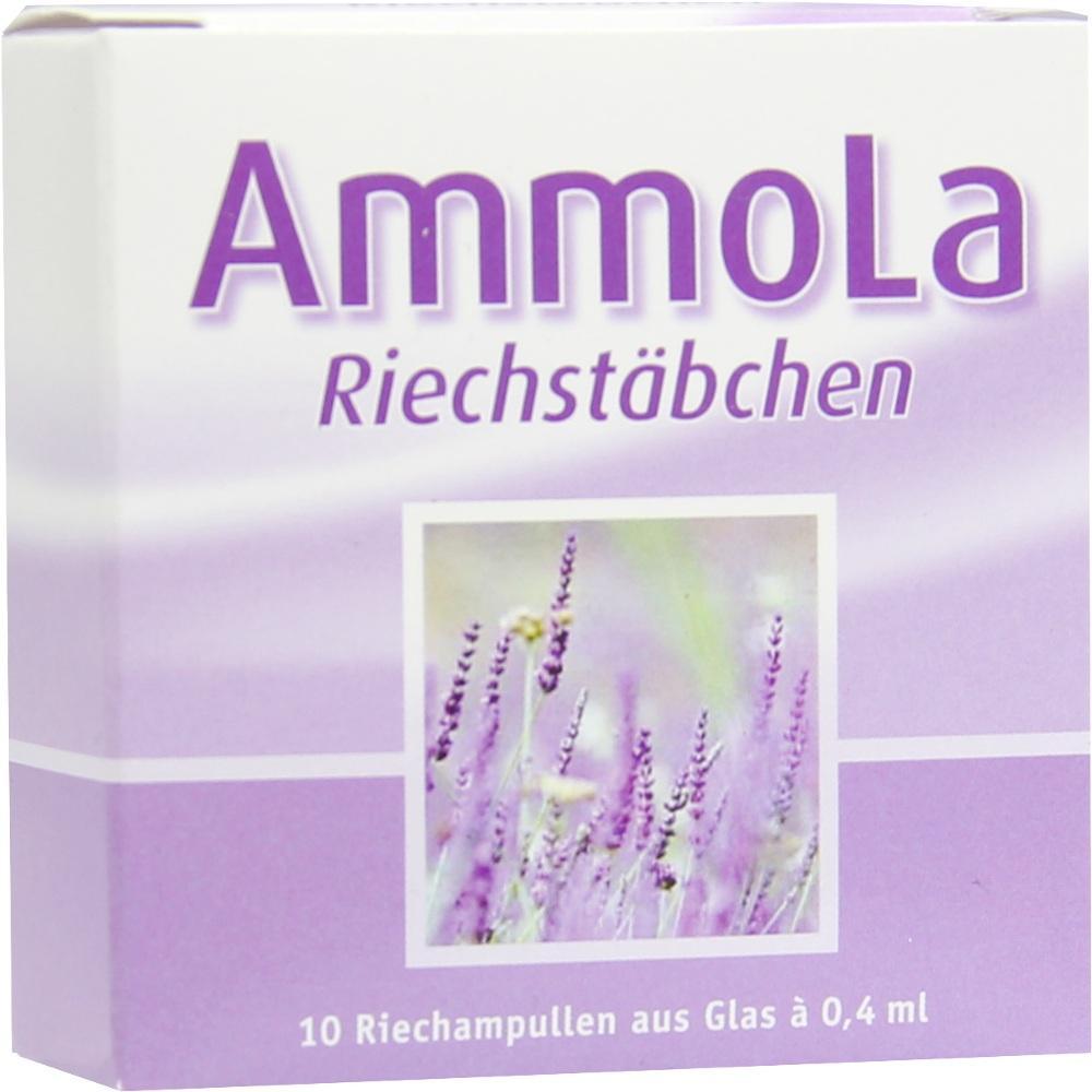 Lila Schachtel mit der Aufschrift "AmmoLa Riechstäbchen" und einem Blumenbild.