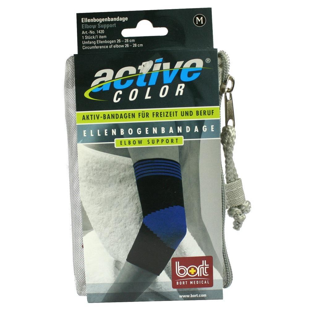 Eine Ellenbogenbandage in einer Verpackung von "active color".