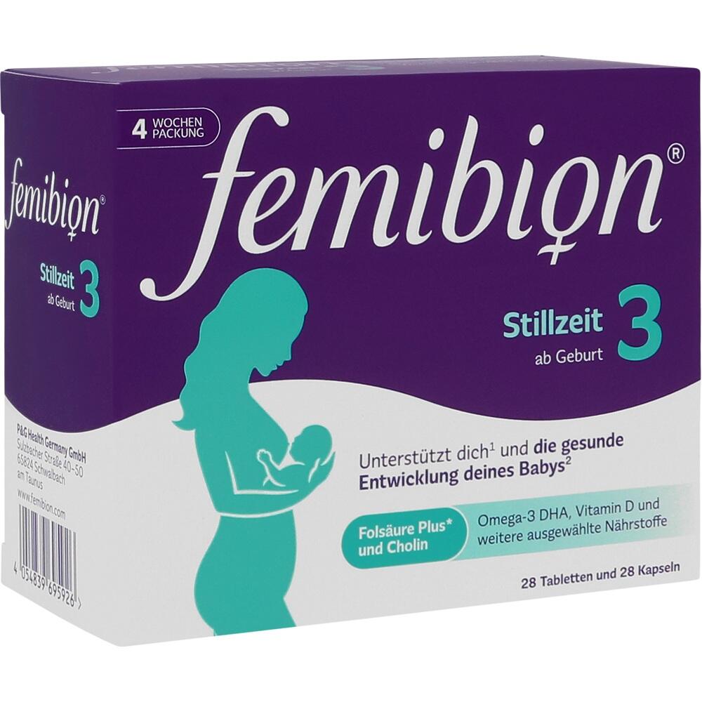 Lila Verpackung von Femibion Stillzeit 3 mit einer Mutter, die ein Baby hält.